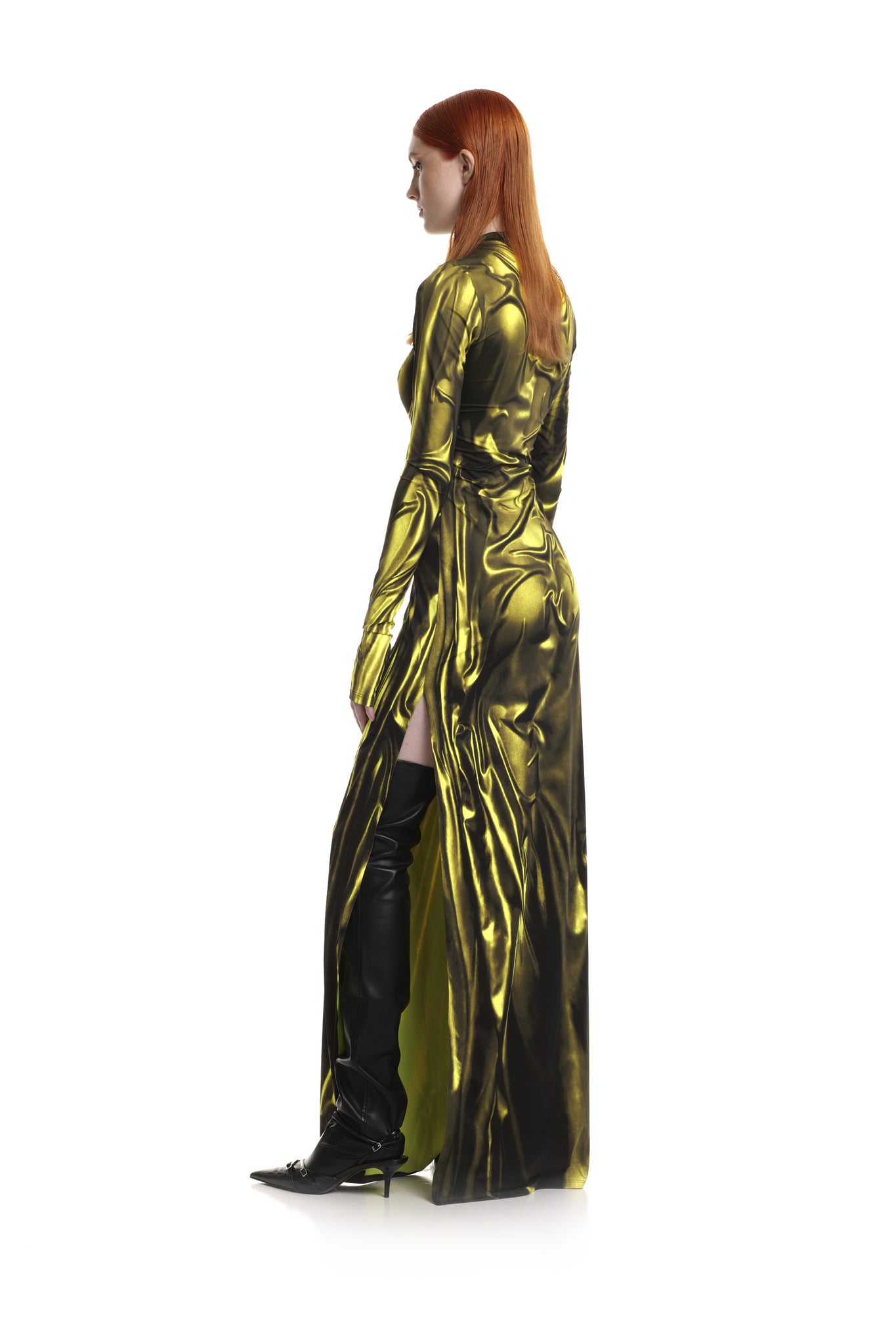 Yellow Wetlook Maxi Dress with Slit
