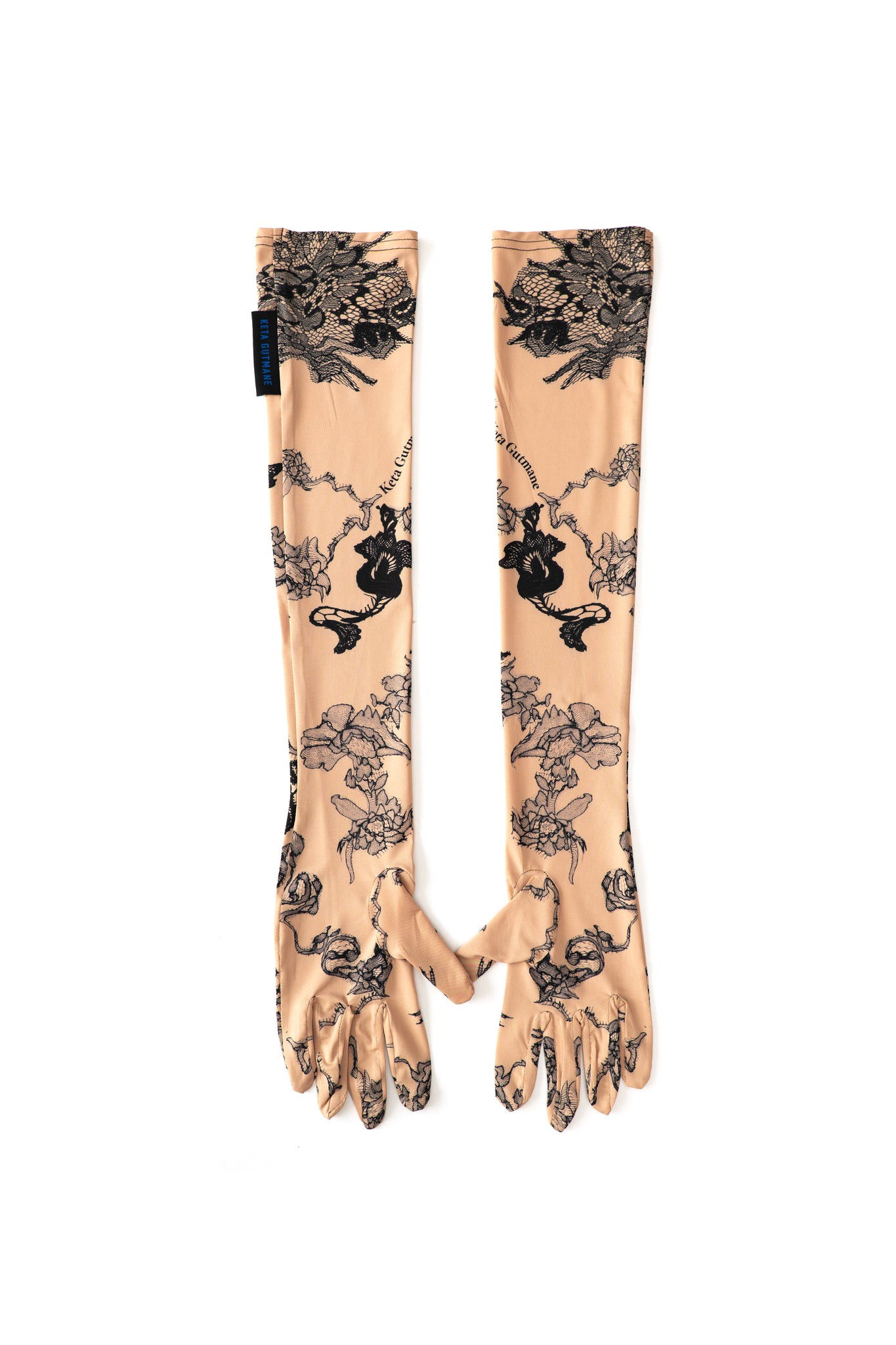 Beige Lace Print Long Gloves
