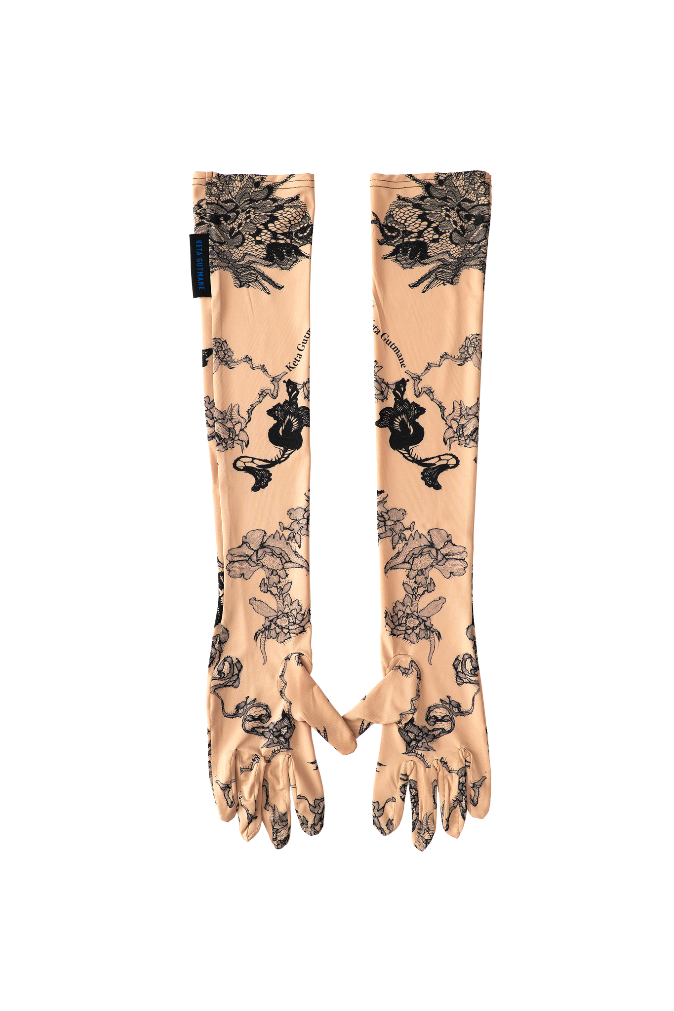 Beige Lace Print Long Gloves