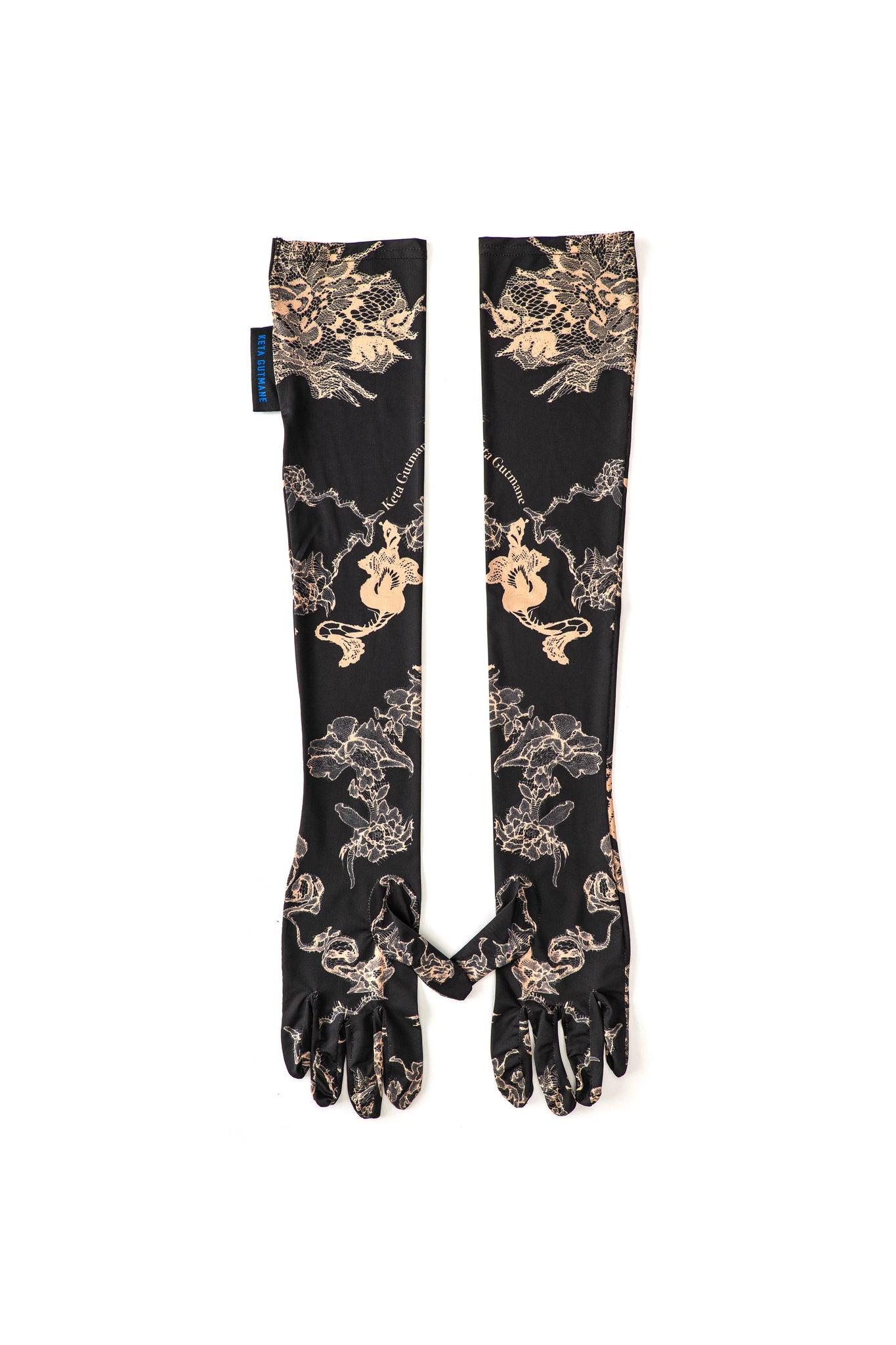 Black-Beige Lace Print Long Gloves