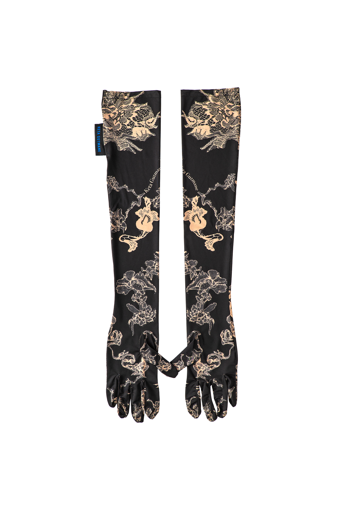 Black-Beige Lace Print Long Gloves