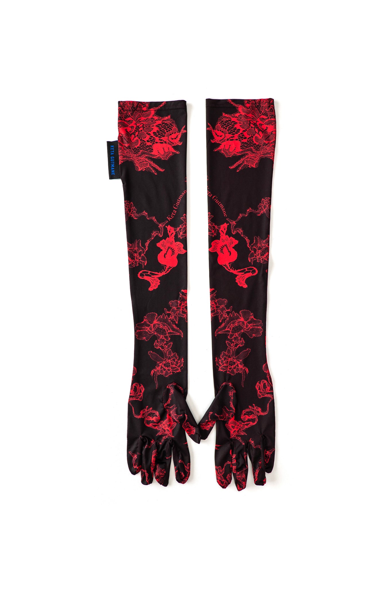 Black-Red Lace Print Long Gloves