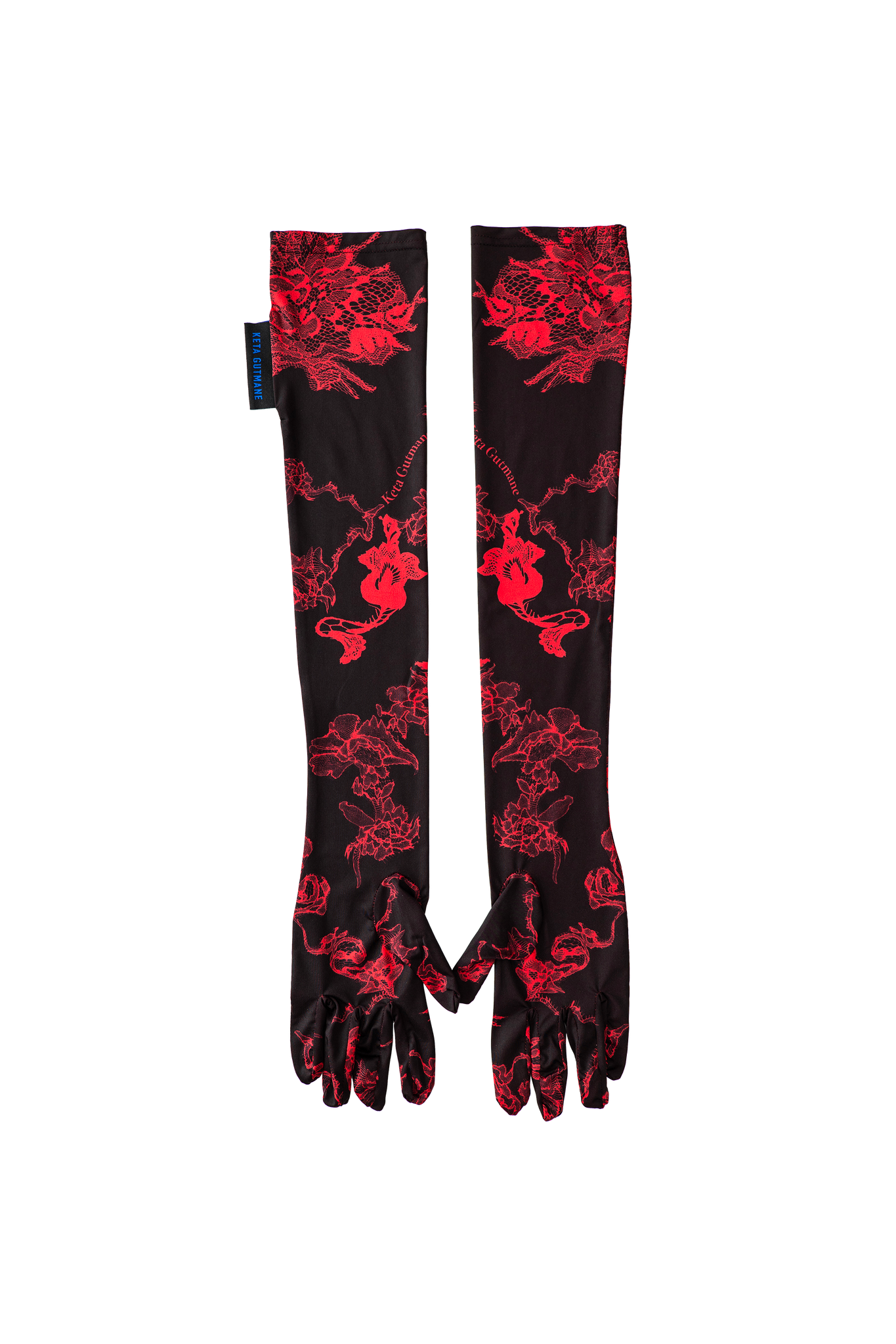 Black-Red Lace Print Long Gloves