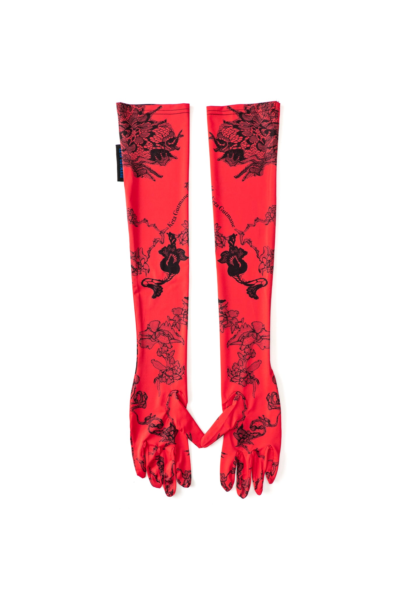 Red-Black Lace Print Long Gloves