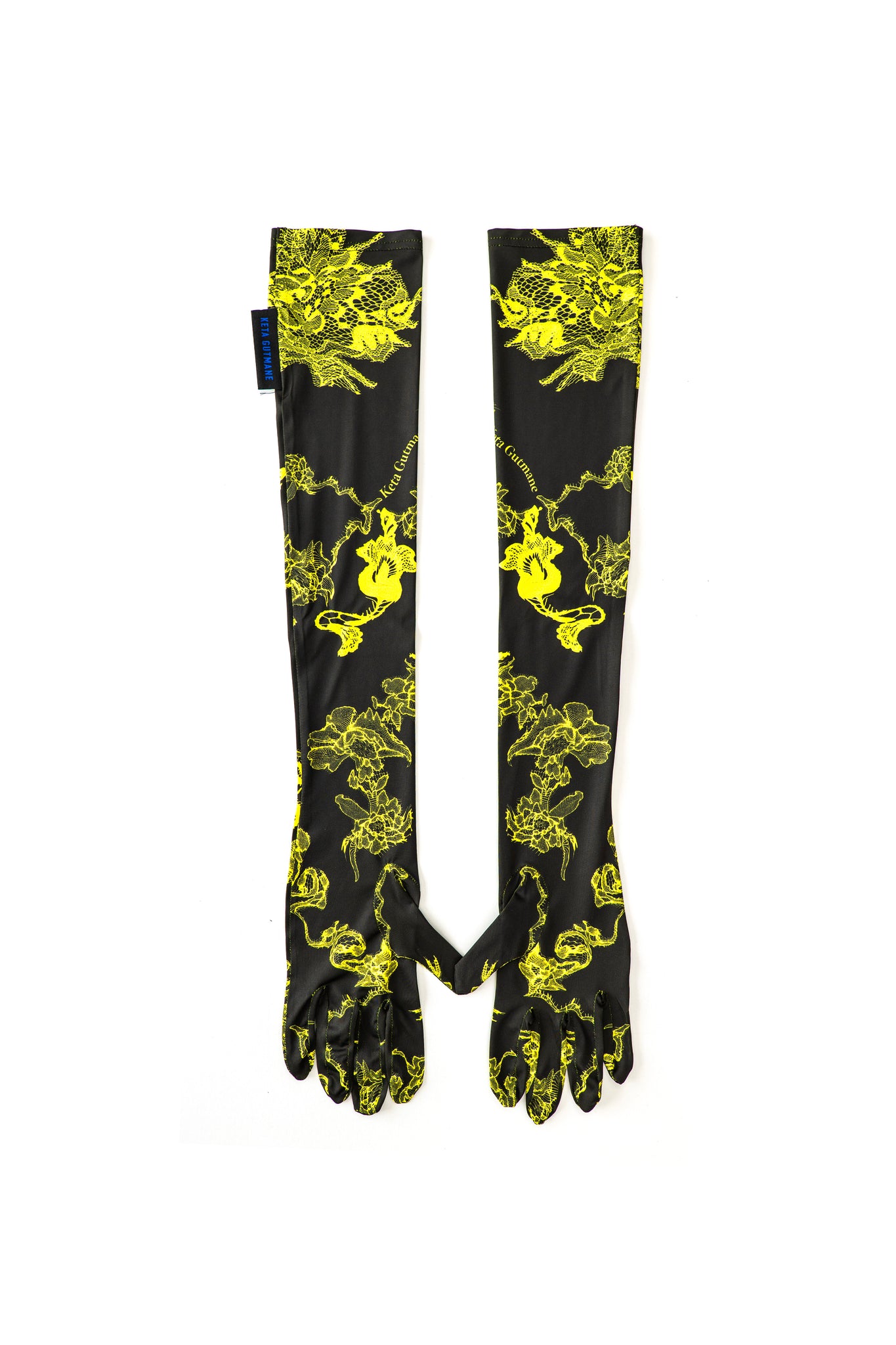 Black-Yellow Lace Print Long Gloves