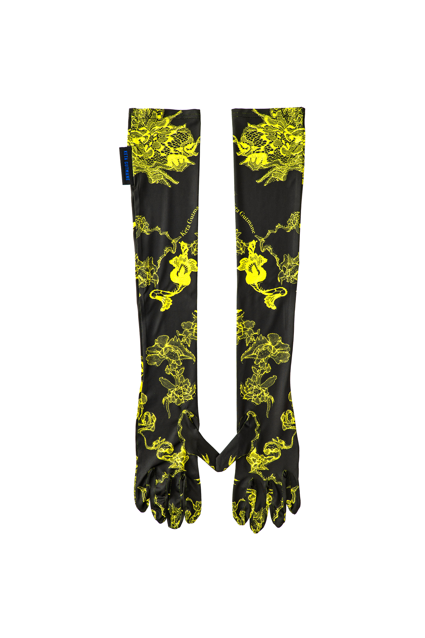 Black-Yellow Lace Print Long Gloves