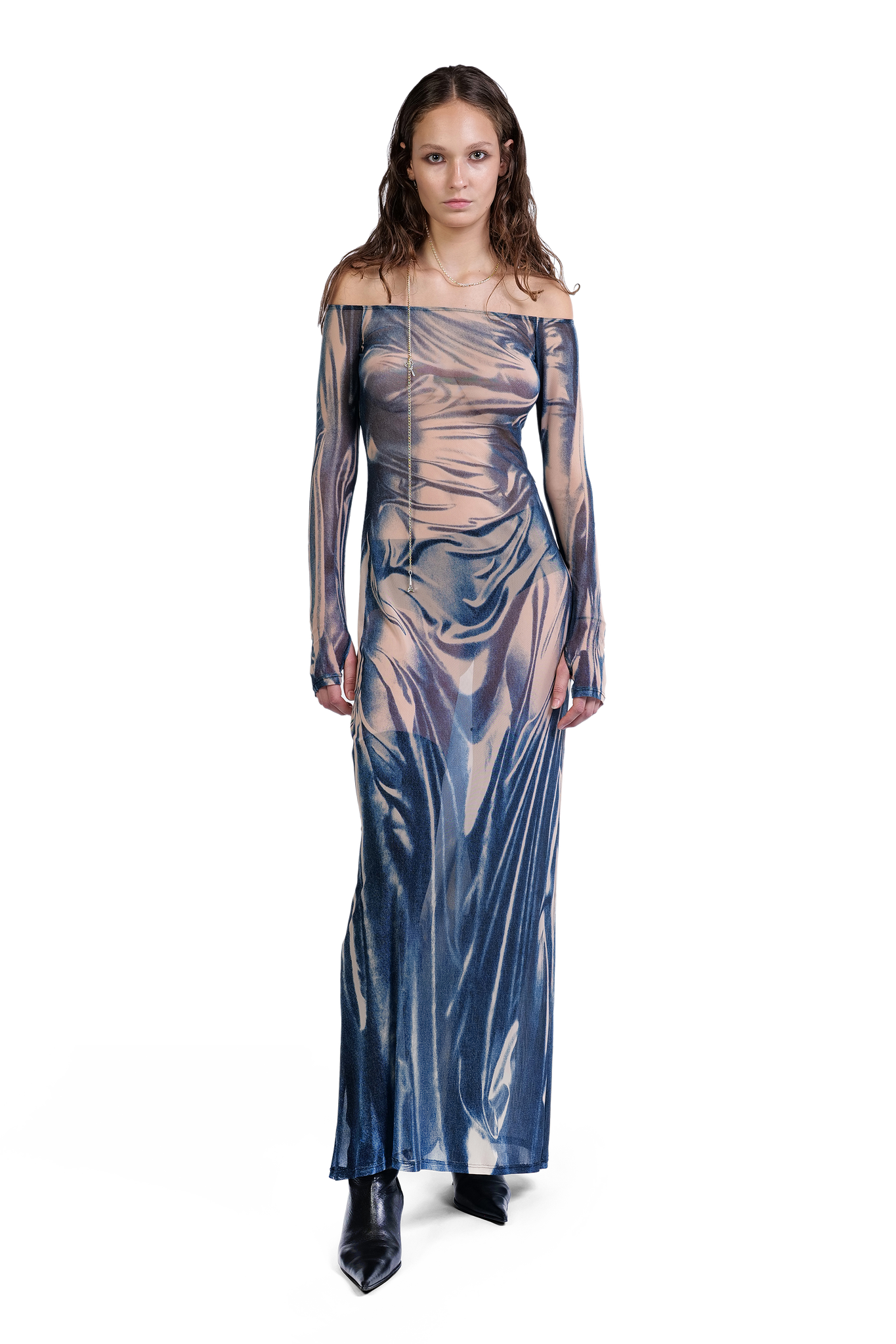 Wetlook Mesh Denim Print Dress