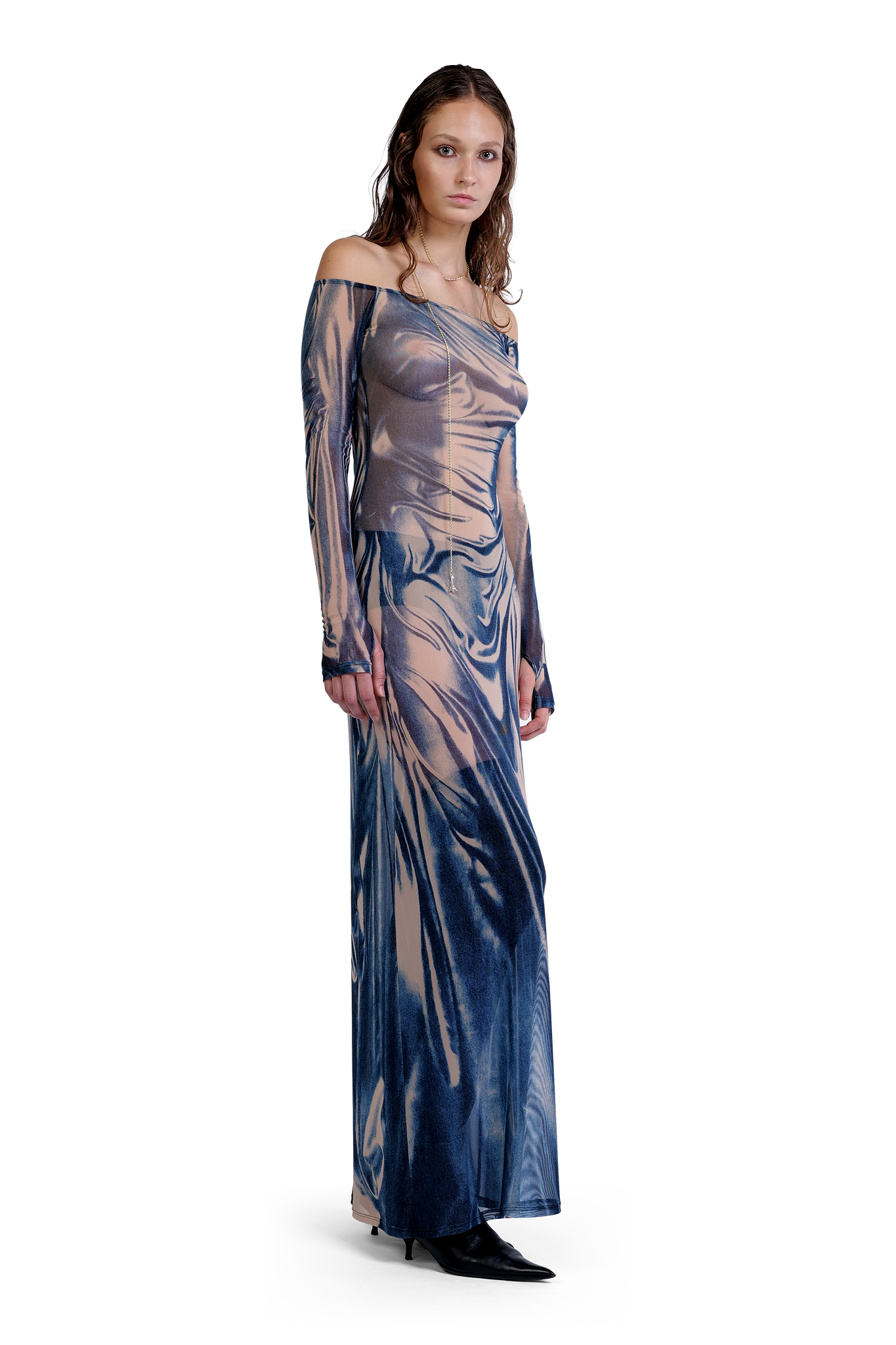 Wetlook Mesh Denim Print Dress