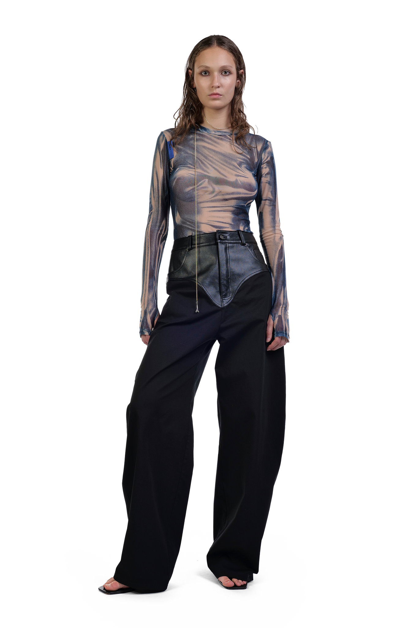 Wetlook Mesh Denim Print Top