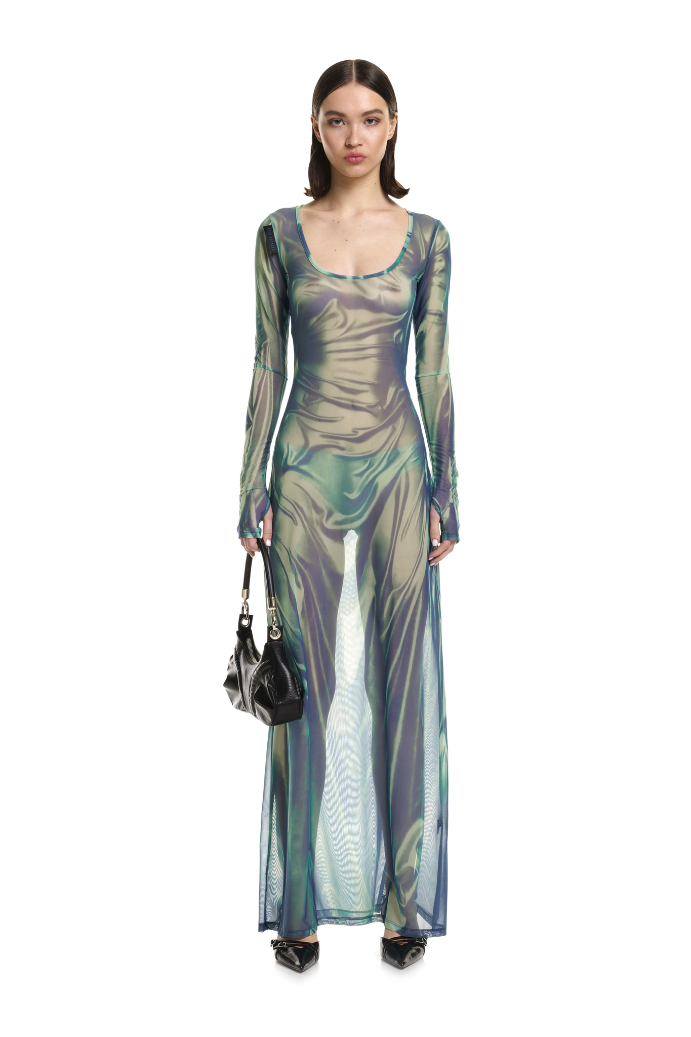 Wetlook Mesh Green Dress with a U-cut
