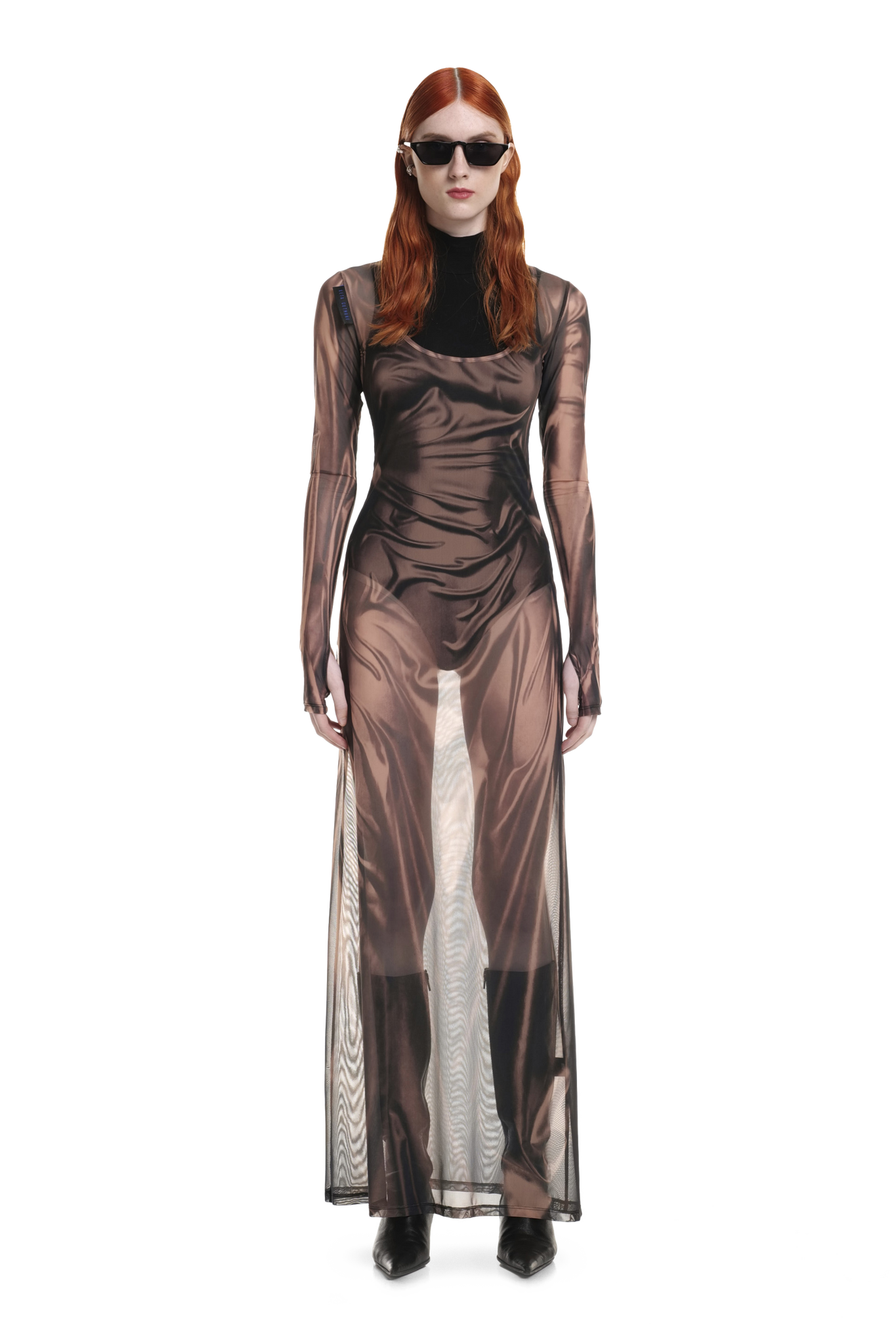 Beige Wetlook Mesh Dress U cut