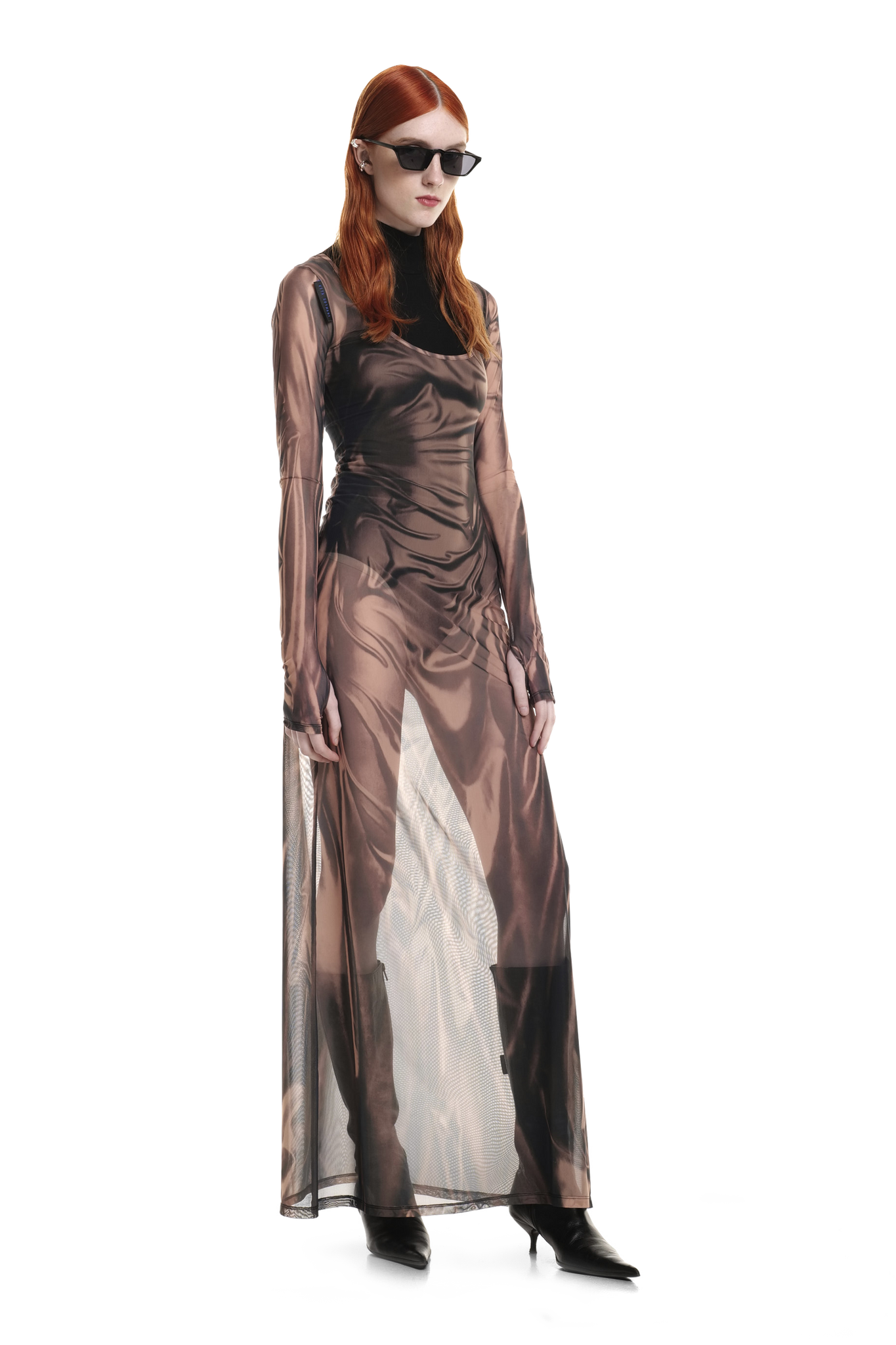 Beige Wetlook Mesh Dress U cut