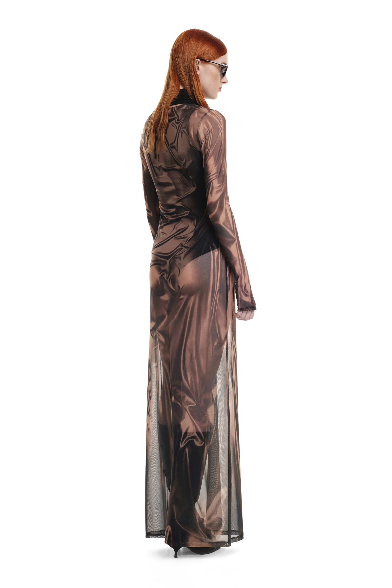 Beige Wetlook Mesh Dress U cut