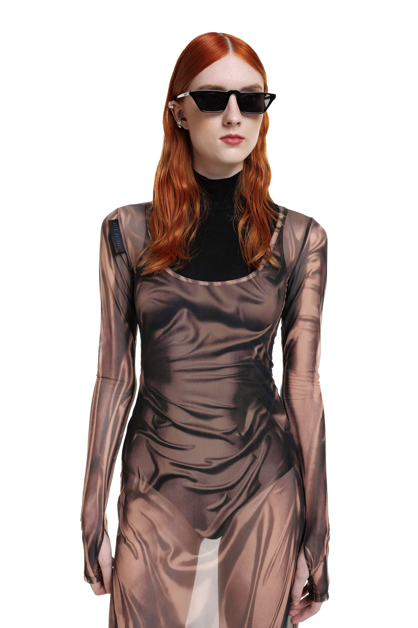 Beige Wetlook Mesh Dress U cut