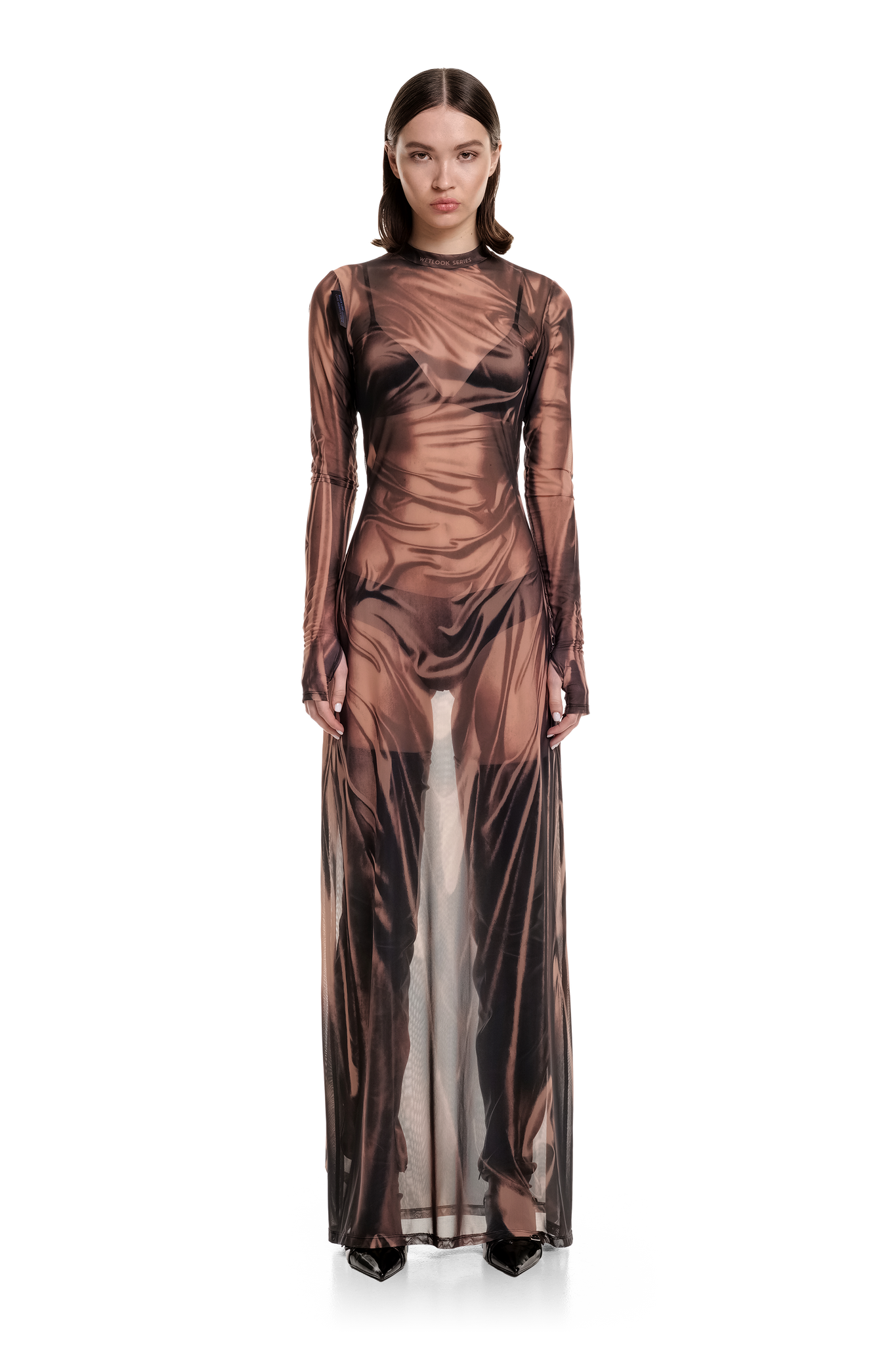 Wetlook Mesh Beige Dress