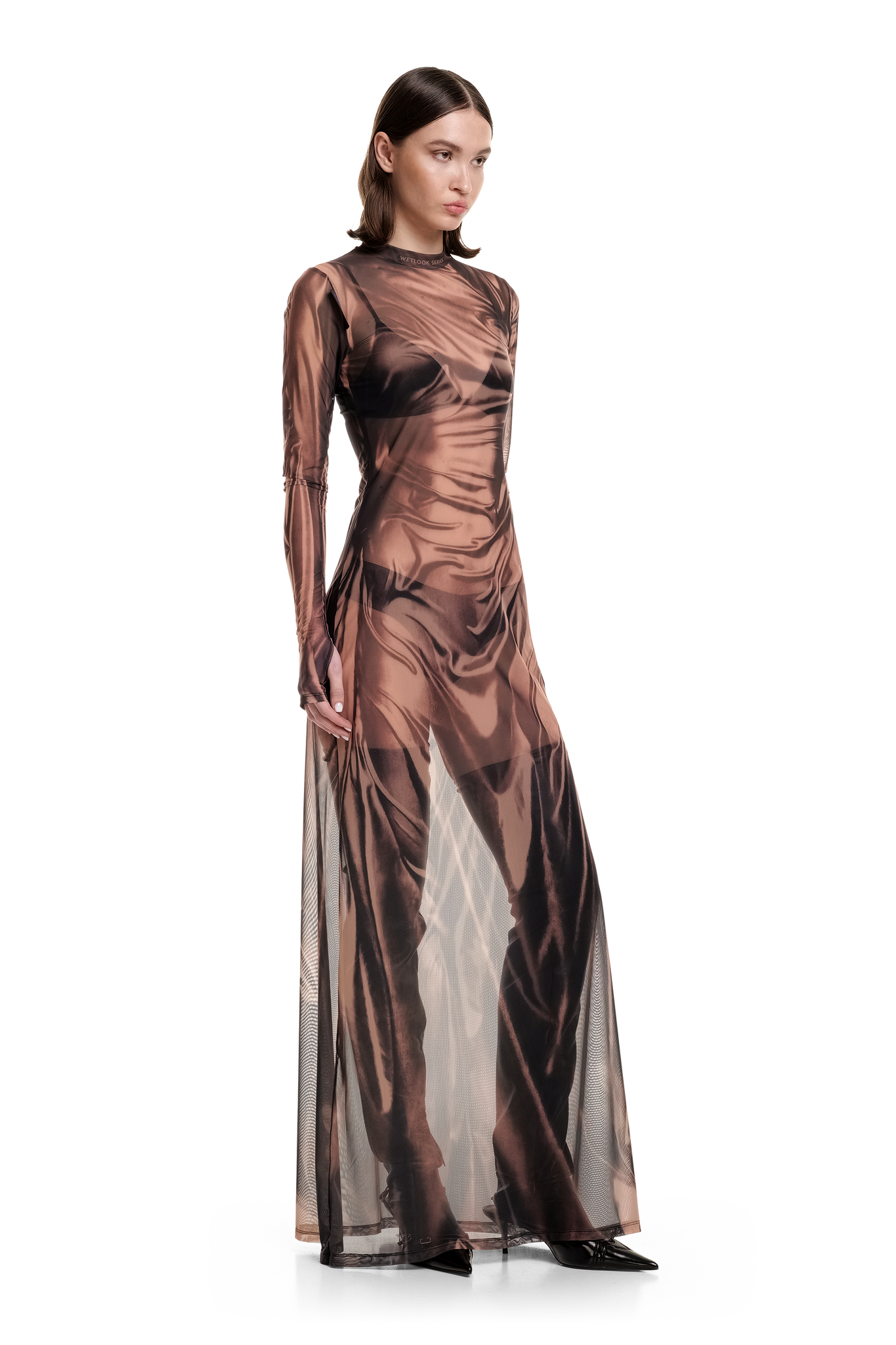 Wetlook Mesh Beige Dress