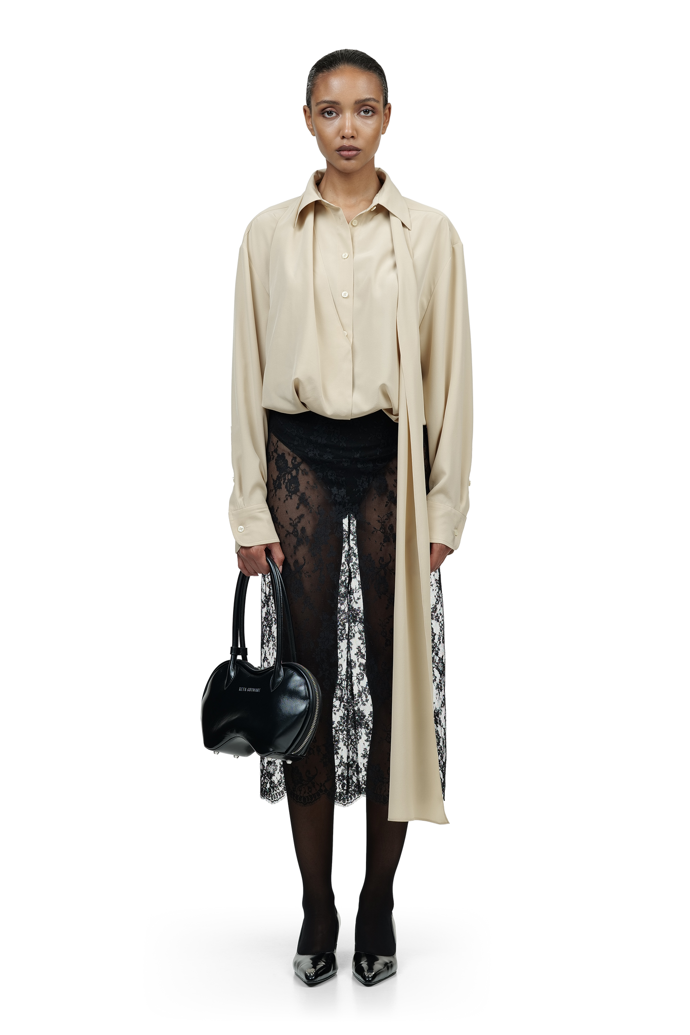 Beige Bodysuit Blouse with Scarf