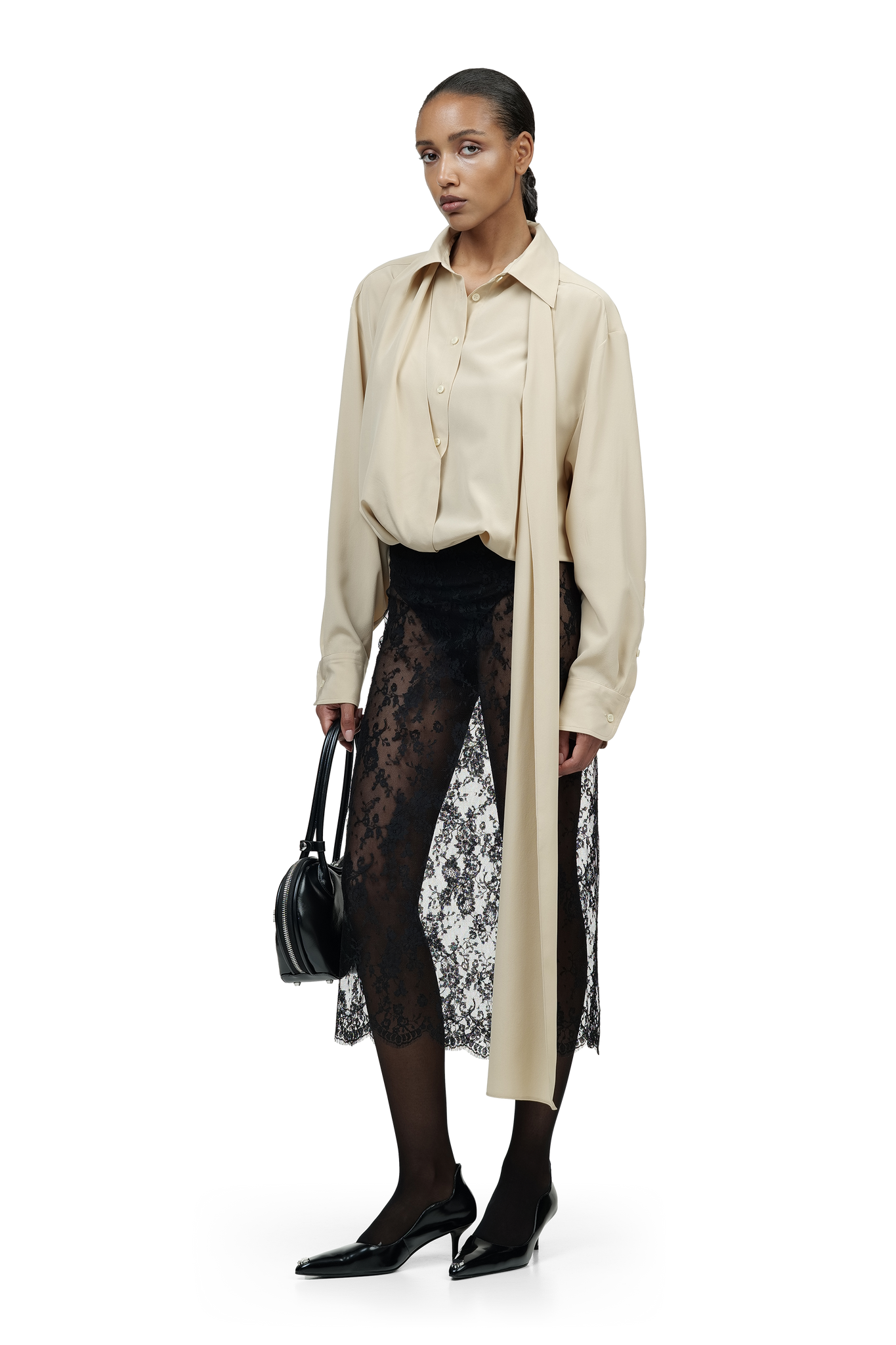 Beige Bodysuit Blouse with Scarf