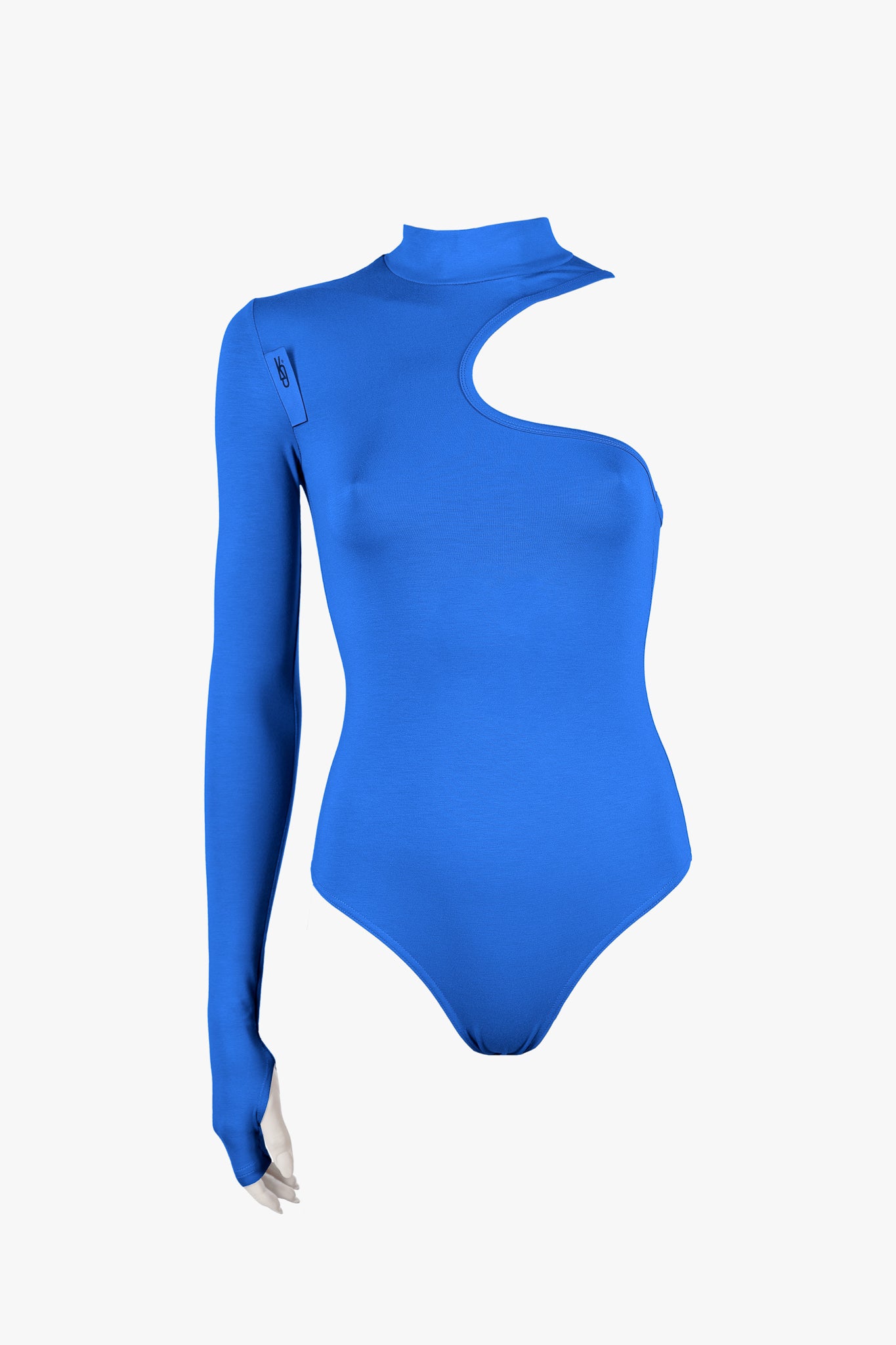 Asymmetric cobalt long sleeve bodysuit